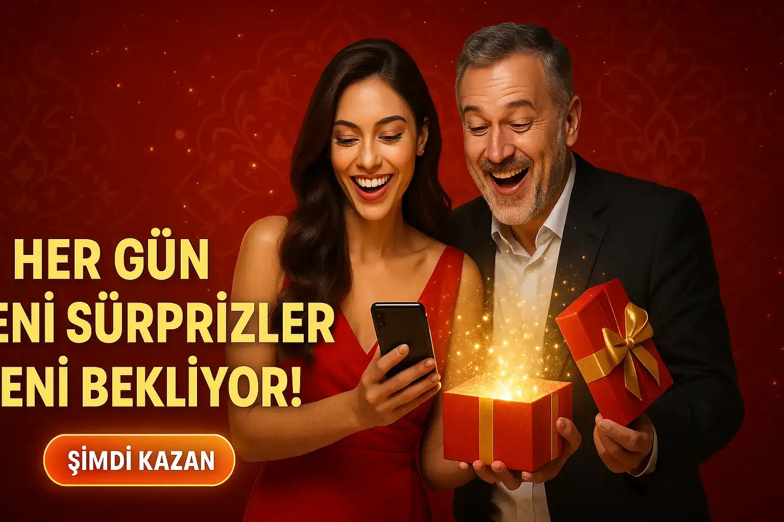 Damabet Günlük Sürprizler | Her Gün Kazan Damabet her gün yeni sürprizler seni bekliyor! Heyecanlı çift, sihirli hediye kutusundan çıkan ödüllerle seviniyor. Günlük bonuslar için şimdi kazan!