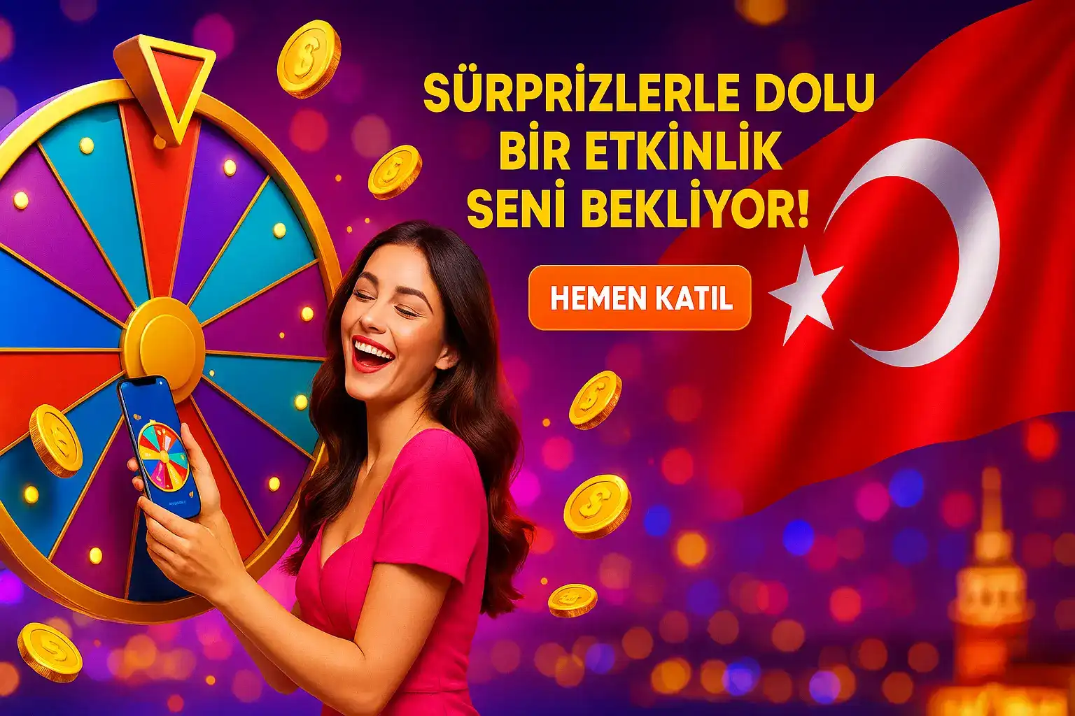 Damabet Sürpriz Etkinlikler | Hemen Katıl Damabet sürprizlerle dolu bir etkinlik seni bekliyor! Çarkıfelek etkinliğine hemen katıl, Türk bayrağı fonunda büyük ödülleri kazanma şansını yakala.