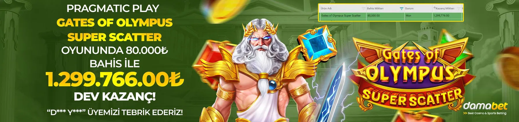 Damabet Pragmatic Play Gates of Olympus Super Scatter oyununda dev kazanç! 80.000 TL bahis ile 1.299.766 TL kazanan üyemizi tebrik ederiz!